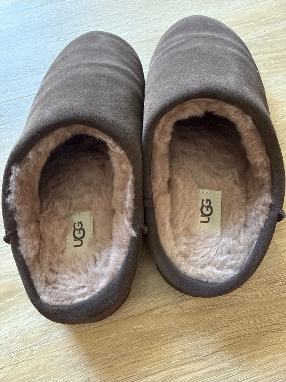 UGG Chocolate Brown Suede Slip-On Shearling Slippers Mules 7